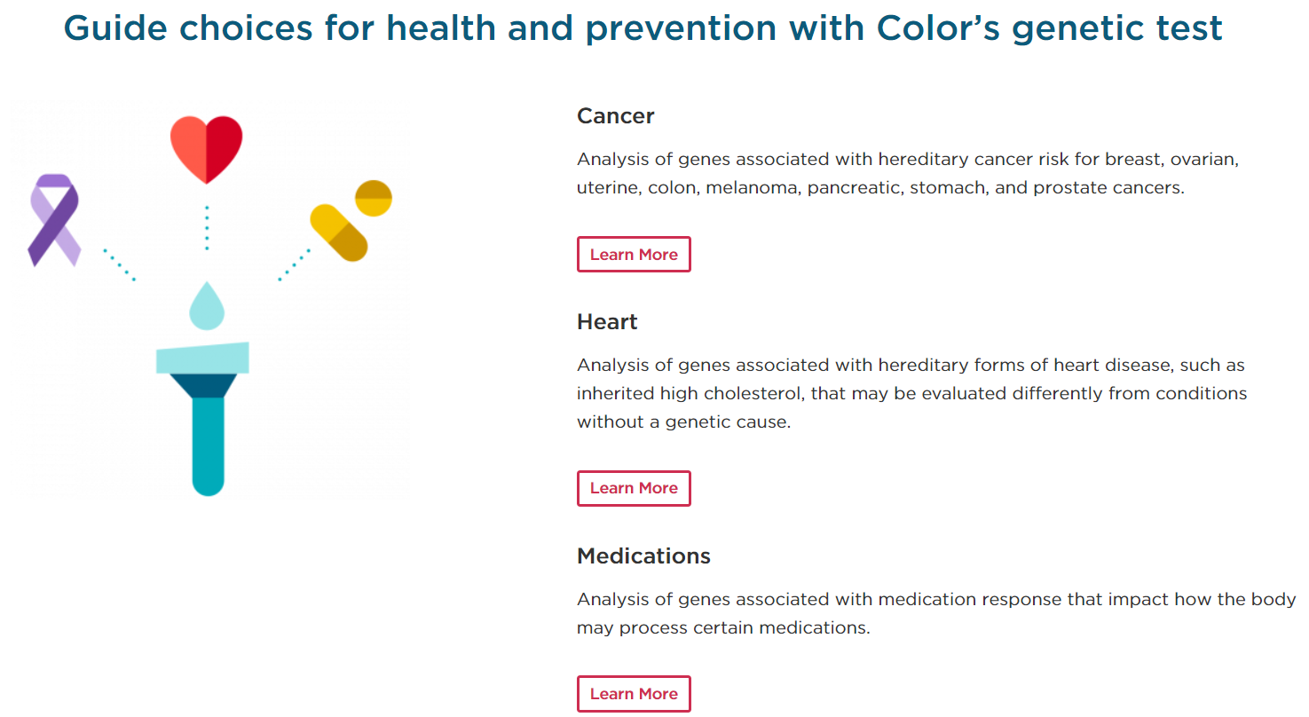 Screenshot einer Beschreibung von drei Analysen, die von Color durchgeführt wurden: Krebs, Gehör und Medikamente