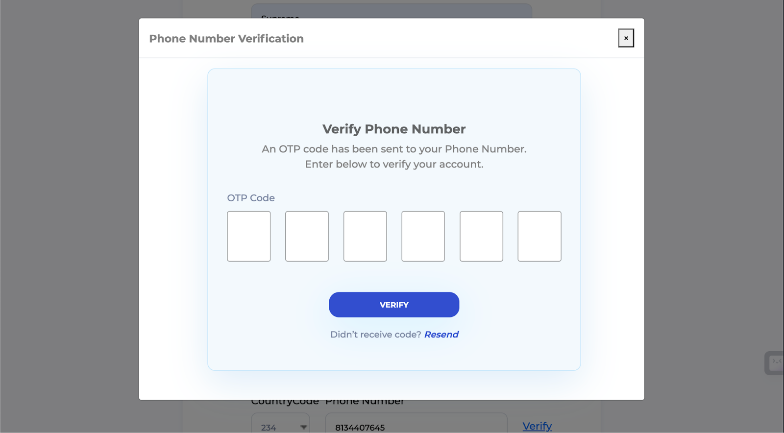 Twilio vs SMSCountry | A popup form for a registering customer to enter a verification code from their phone