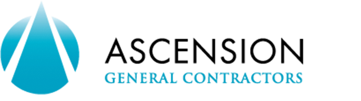 Ascension General Contractors' logo in black and blue text with a white and blue triangle to the left.