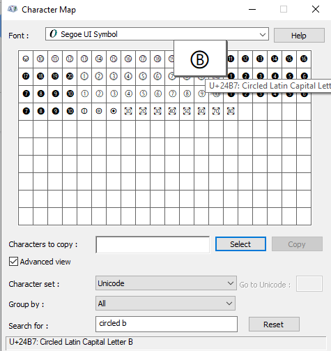 searching for Circled B Symbols text in character map view
