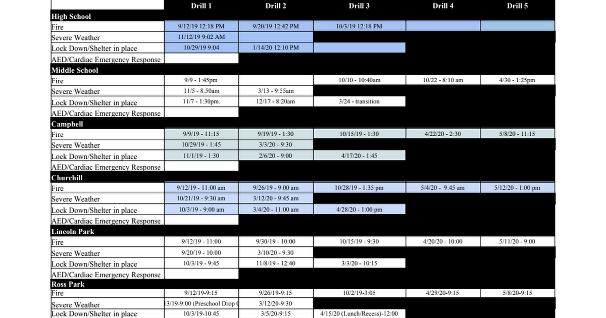 District Schedule, Emergency & Safety Drills: 2019-2020 - Google Sheets