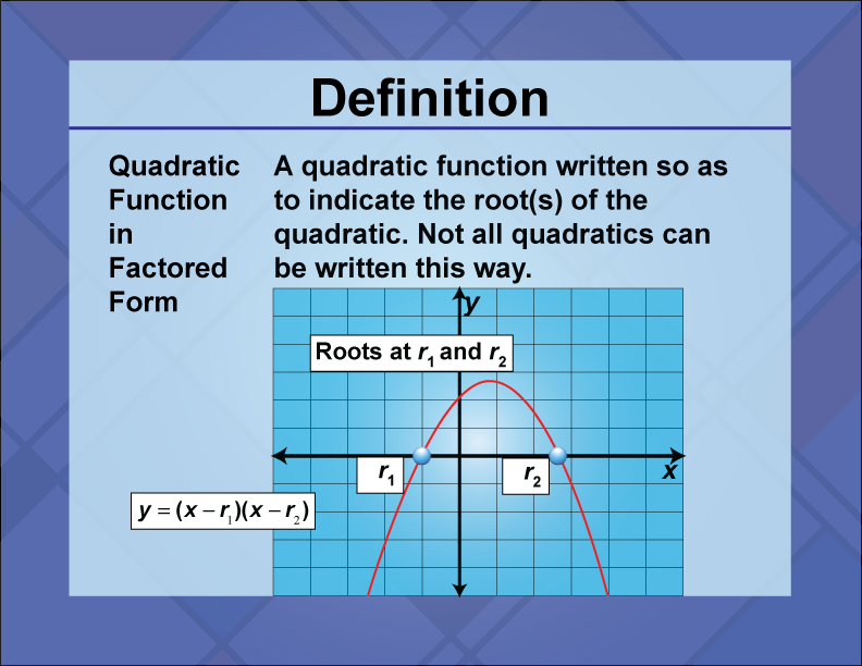 Quadratic Function in Factored Form. A quadratic function written so as to indicate the root or roots of the quadratic. Not all quadratics can be written this way.
