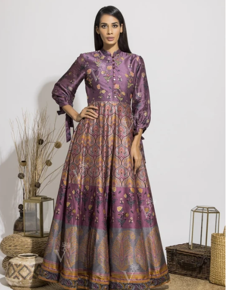 Deep Violet Silk Printed Anarkali Gown
