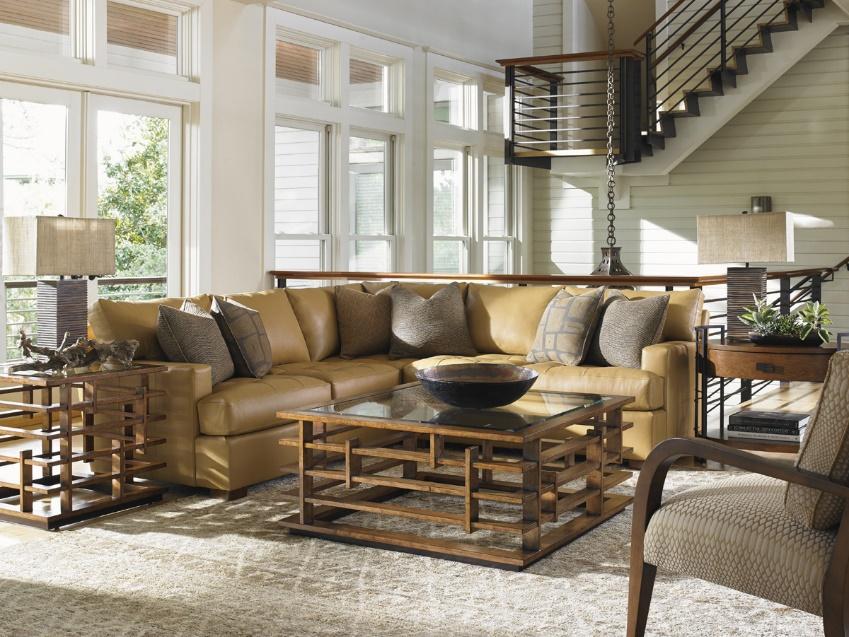 Yellow Leather Sectional with Rustic Coffee Table 