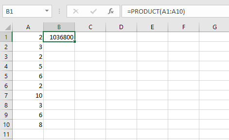 Using PRODUCT function to multiply a range of cells