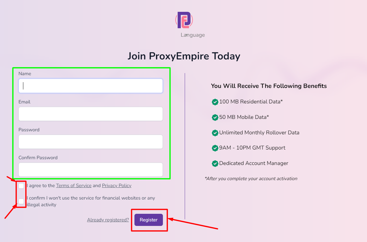 Signup Page of ProxyEmpire