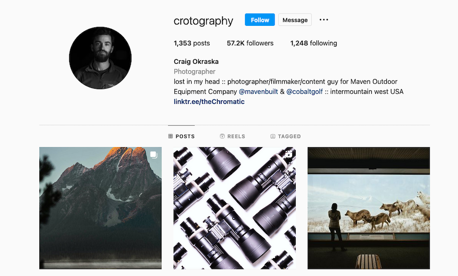 Screenshot of Craig Okraska's Instagram profile. Social media for photographers involves a lot of time spent trying to grow your followers and audience. Craig has been quite successful at that with over 57 thousand Instagram followers.