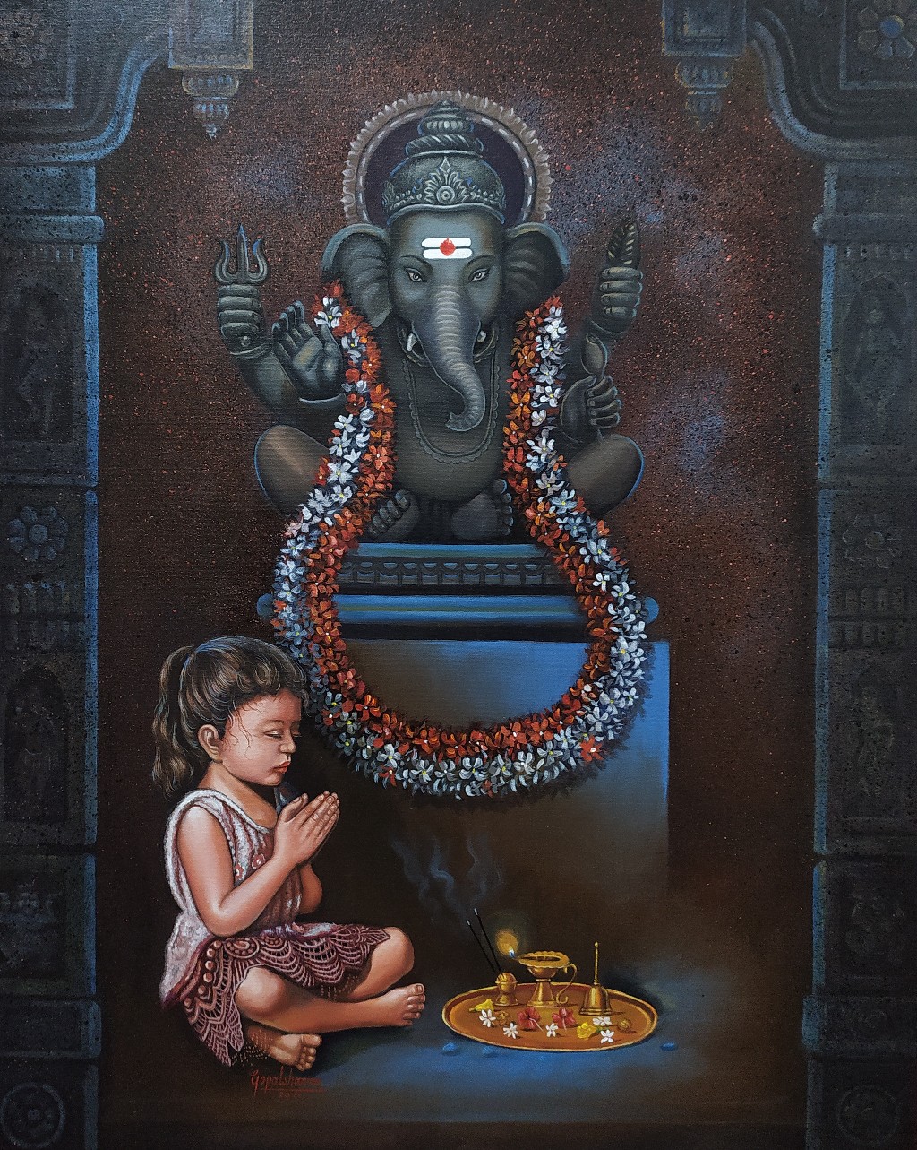 This acrylic painting of a little girl praying to Lord Ganesha is a devotional painting.