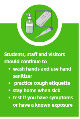 Wash hands, use hand sanitizer, stay home when sick, test if you hve known symptonms or exposure