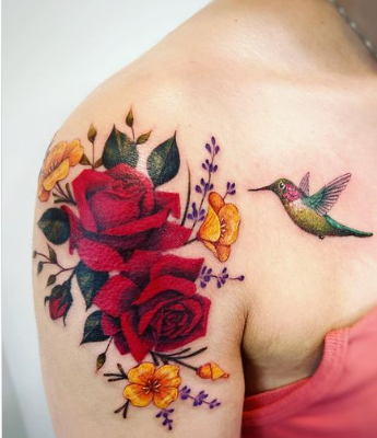 Hummingbird And Red Rose With California Poppy 