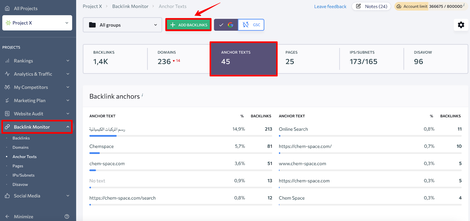 SE Ranking's Backlink Monitoring tool