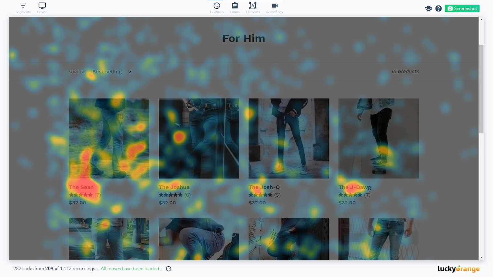 A product page of a website with a Lucky Orange heatmap showing user engagement. Areas with red and orange overlays depict elements that received the most visitor engagement. 