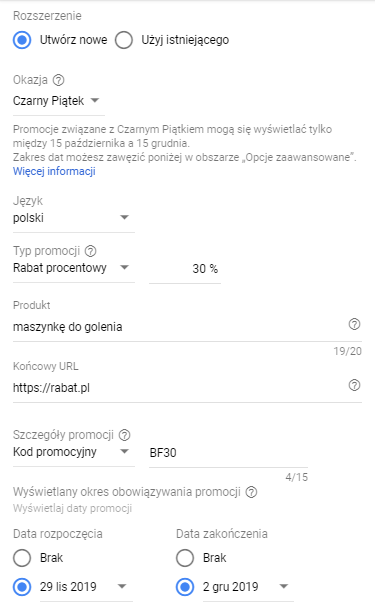  Opis: Zdjęcie z interfejsu Google Ads. Rozszerzenia promocji. 