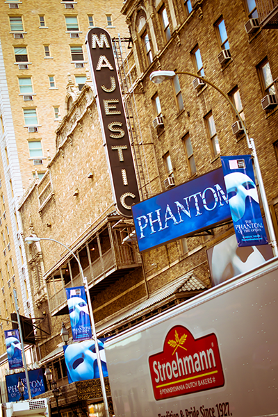 Phantom of the Opera” marquee outside the Majestic Theater in NY, NY.