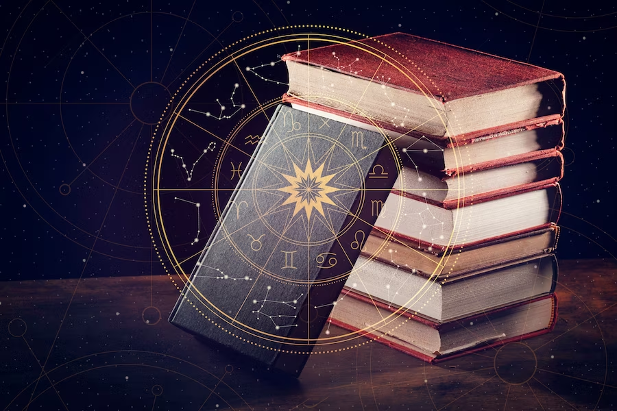 Stack of books with astronomy-themed graphic overlay