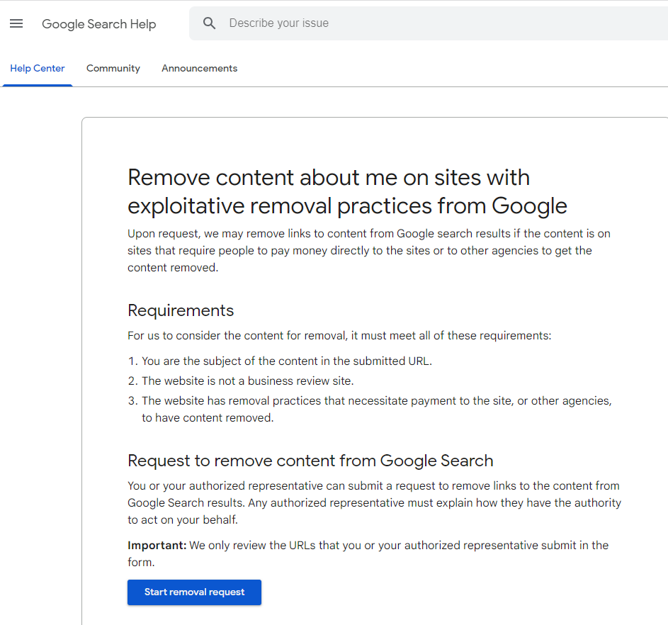 Remove content about me on sites with exploitative removal practices from Google page 