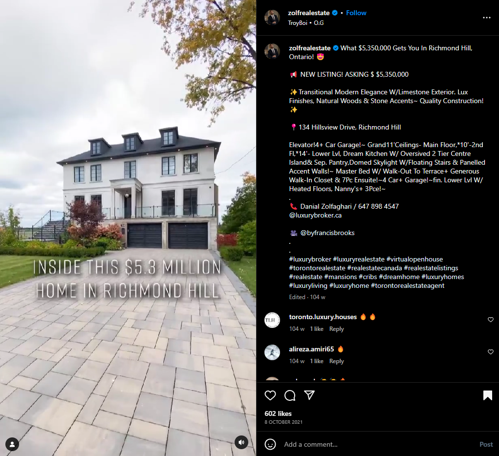 Property walk-through using reels by @zolfrealestate on Instagram