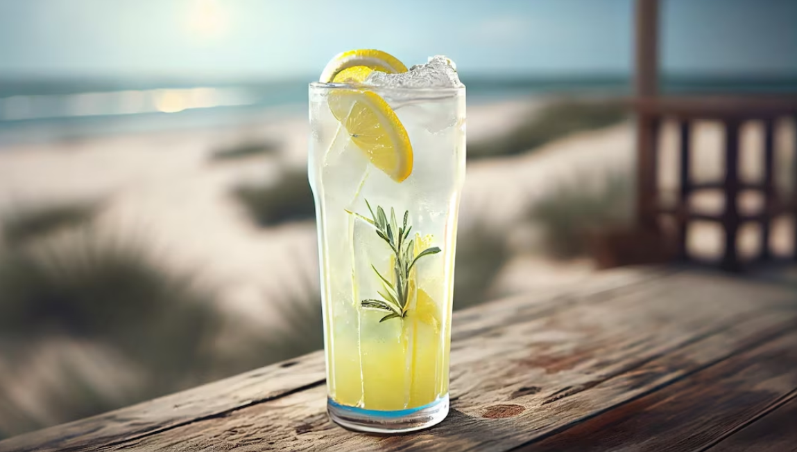 lemonade with lemons and rosemary on a wooden table near the beach