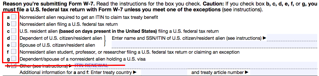 Screenshot of selecting the correct reason for filing the form.