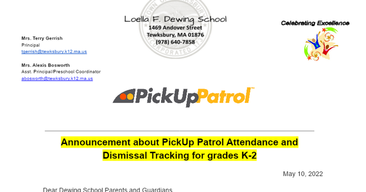 Dewing School-Pick Up Patrol-Dismissal Program-Parent Letter