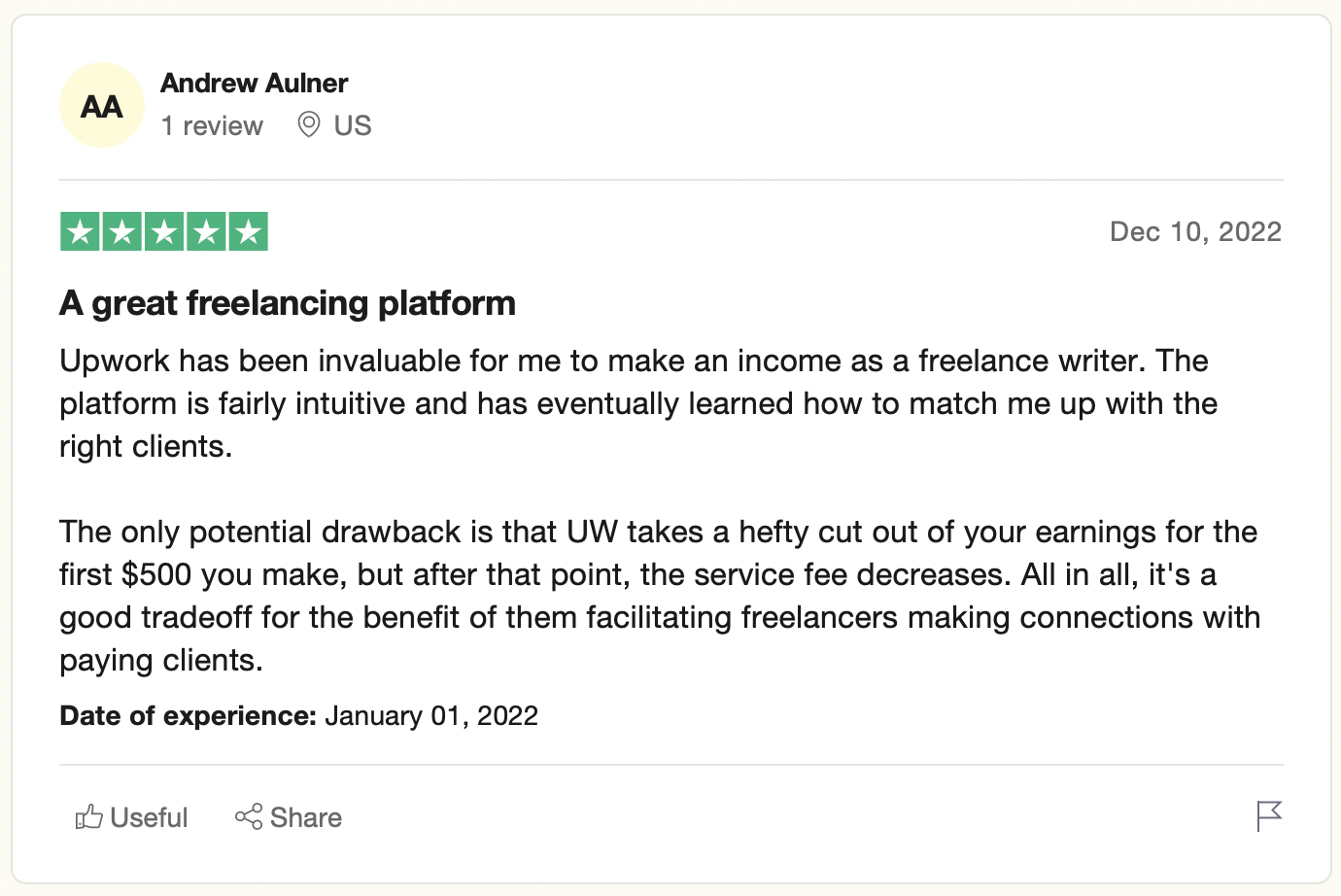 A positive Upwork review by a freelancer