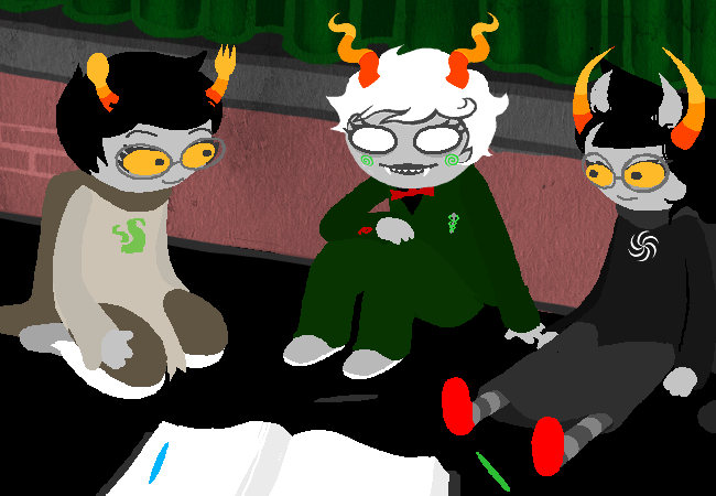 An image from Homestuck with three troll characters. Shaped like standard human sprites, these trolls are distinguished by their green  skin and candy-corn-colored horns. The trolls are . . . fuck, Eddie, I didn't read this far. Who the fuck are these trolls. Well, there's three of them, and they look vaguely chummy.