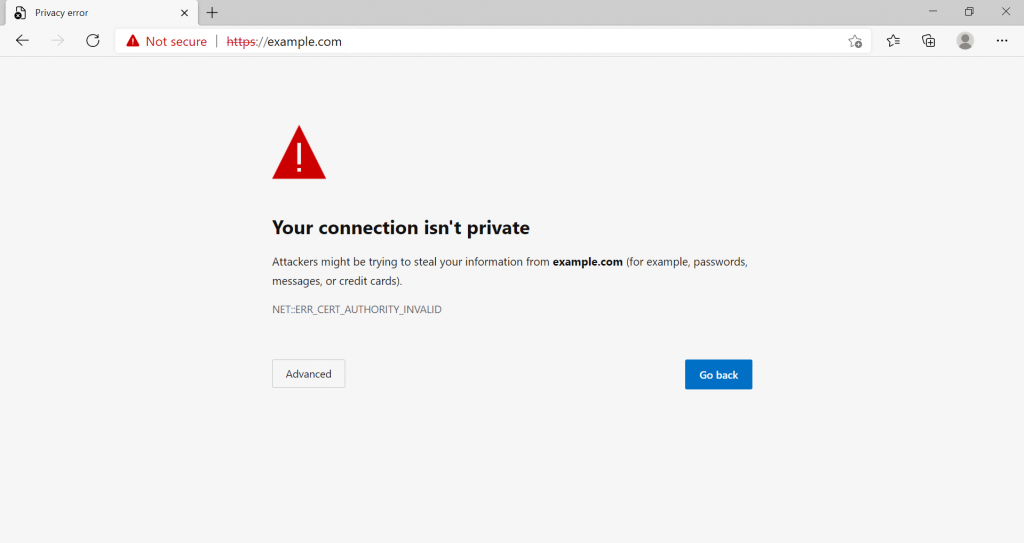 Capture d'écran montrant l'erreur "Votre connexion n'est pas privée" sur Microsoft Edge