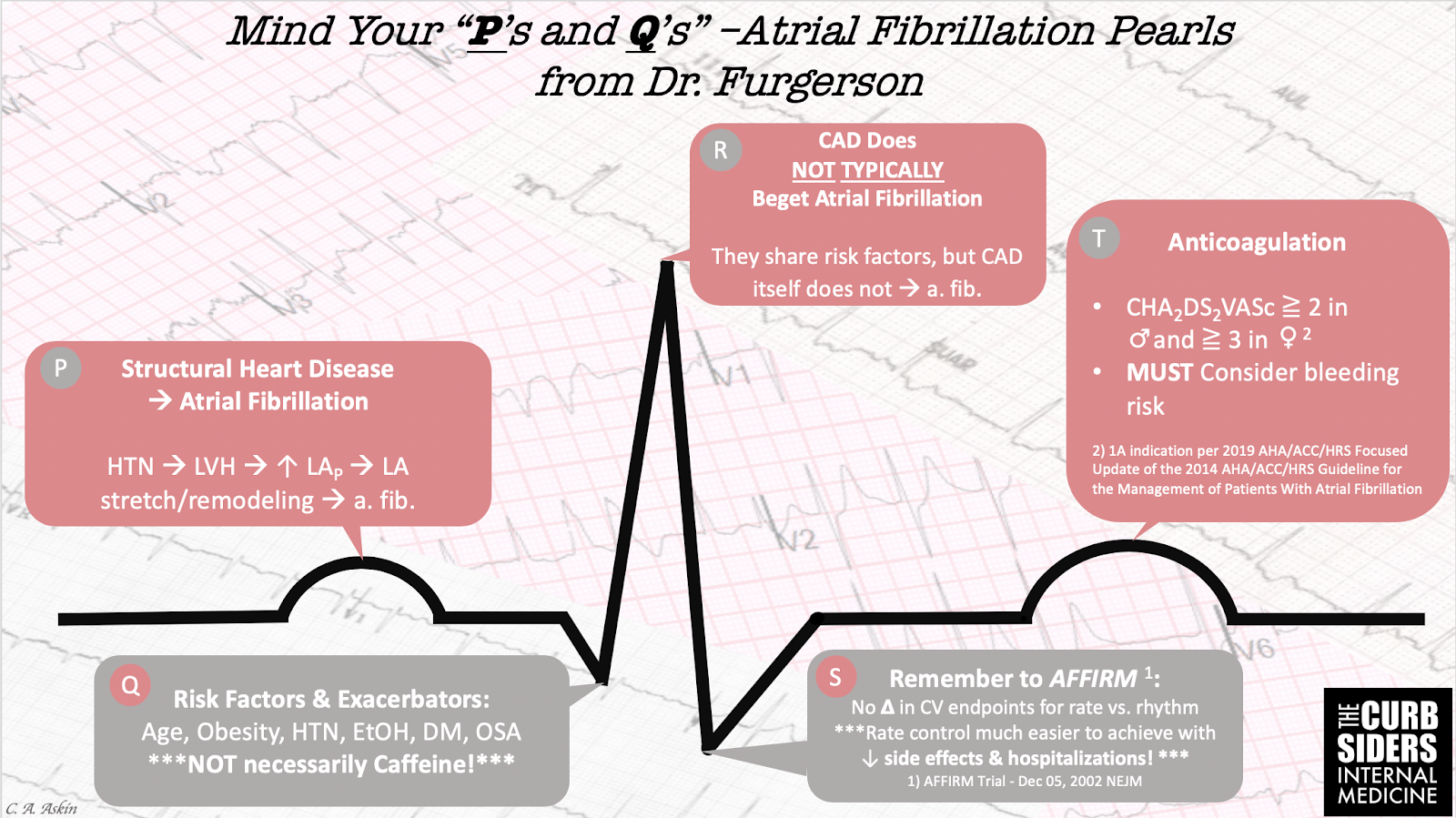 Mind Your Ps and Qs. Some atrial fibrillation pearls from our conversation with Dr James Furgerson MD. Graphic by Cyrus Askin MD