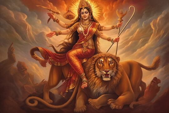 The mother goddess is wearing a bright orange sari while seated on a lion, with the sun shining brightly above the clouds.