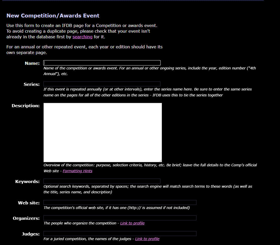 Capture d'écran du début de la page de création d'une fiche de compétition. Elle comporte des champs à remplir concernant par exemple le titre de la compétition, celui de la série s'il s'agit d'une compétition récurrente, sa description, son site internet, le nom des organisateurs, etc.