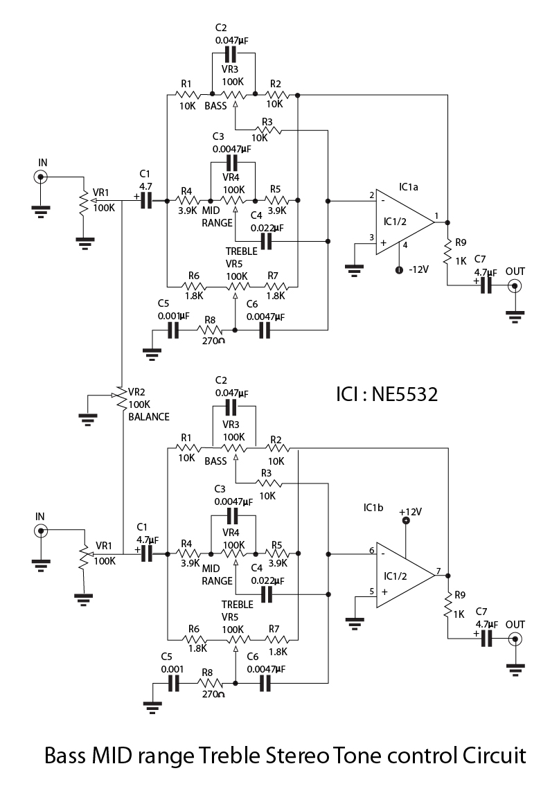 NE5532 Preamp Circuit--A Bass-MID-Treble tone control circuit showing the NE5532 IC connections