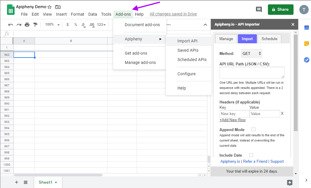 Opening the Apipheny add-on in Google Sheets, you should see it in the "Add-ons" menu items after installing it