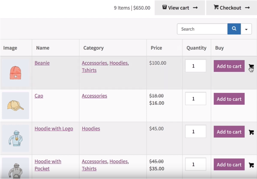 Ninja Tables WooCommerce product table