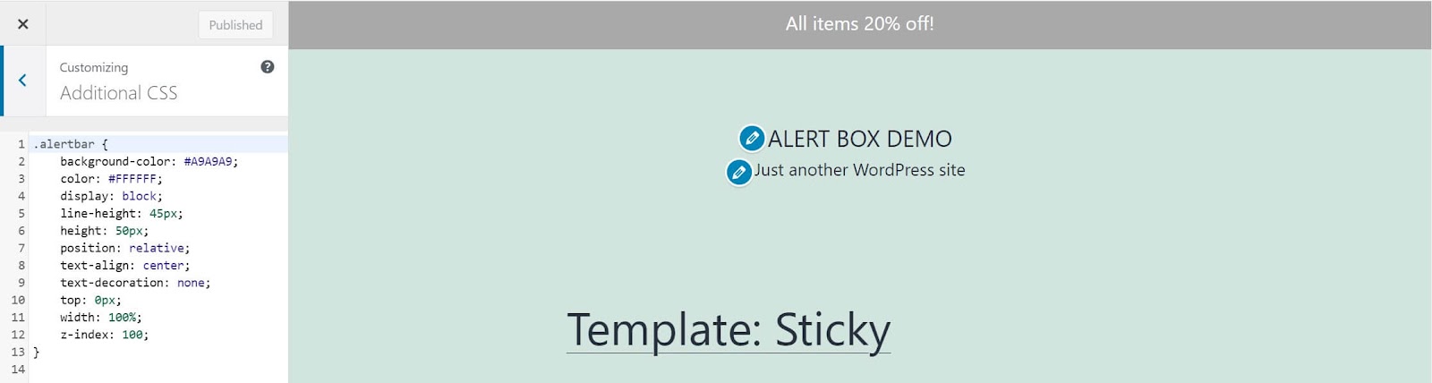 Alert box demo. WordPress Alert Message