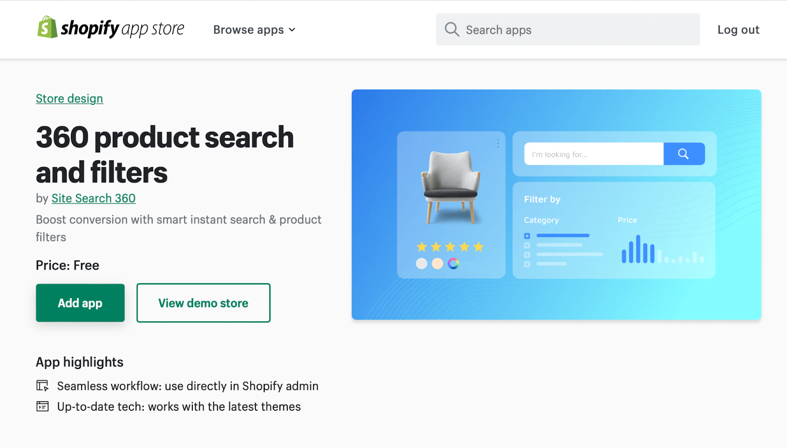 360 product search and filters entry in the Shopify App Store