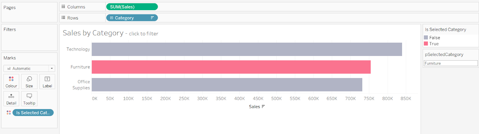 adding a boolean field to the colour shelf in Tableau to highlight a selected field