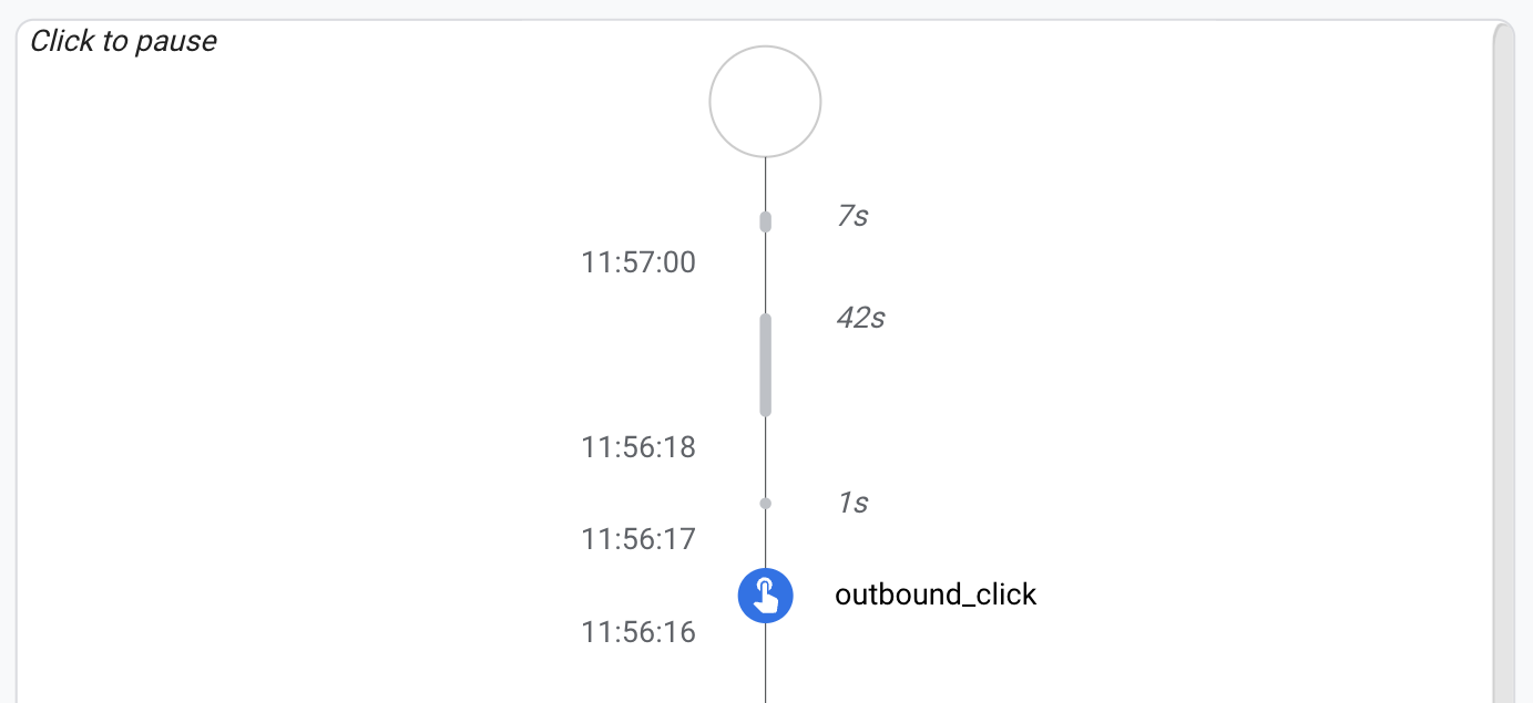 The Google Analytics (GA4) DebugView report showing a user that has logged the newly modified outbound_click event.
