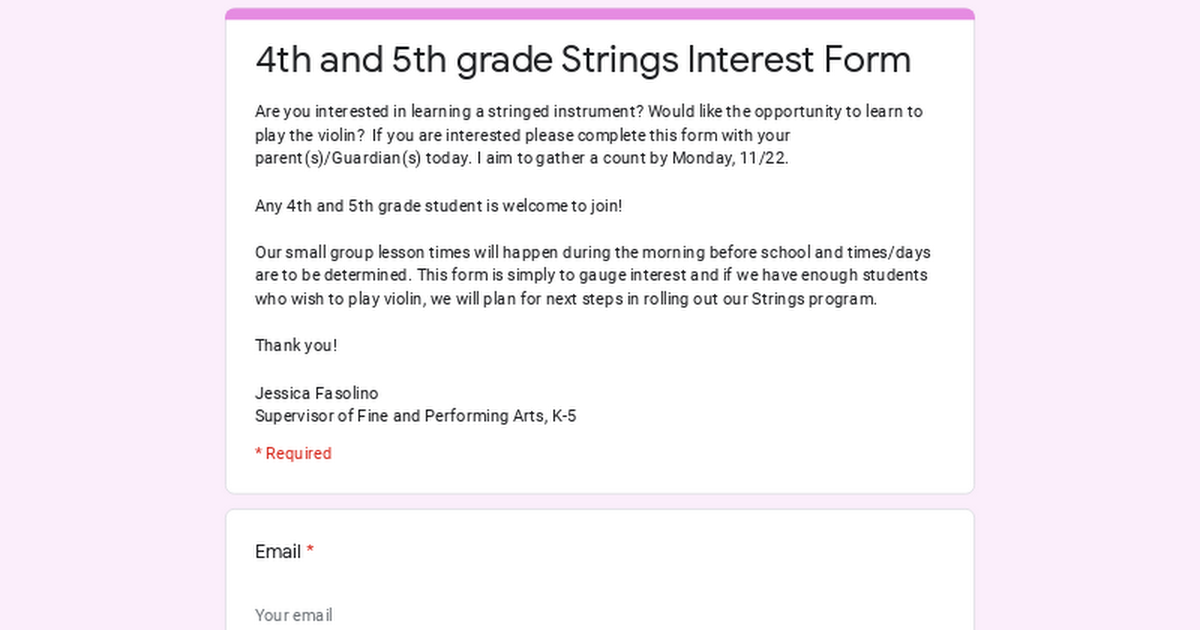 4th and 5th grade Strings Interest Form