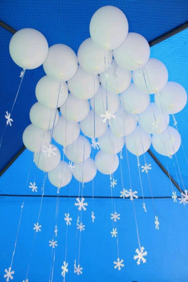 balloons and snowflakes from the ceiling