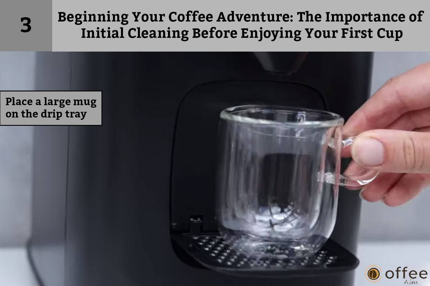 This image illustrates the step "Place a large mug on the drip tray" in the guide titled "Beginning Your Coffee Adventure: How to Connect the Nespresso Vertuo Creatista Machine."