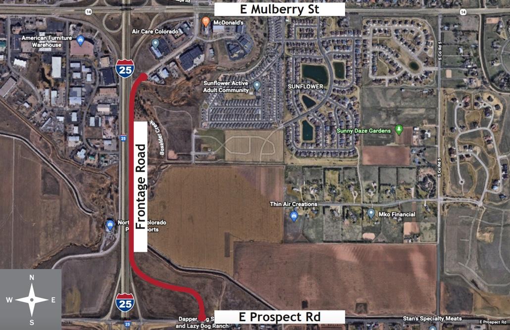 Map of the I-25 frontage road on the east side of I-25 between Prospect Road and Mulberry Street that will be closed permanently