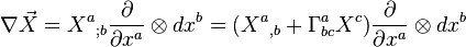 \nabla \vec X = X^a{}_{;b} \frac {\partial} {\partial x^a} \otimes dx^b = (X^a{}_{,b} + \Gamma ^a _{bc}X^c) \frac {\partial} {\partial x^a} \otimes dx^b