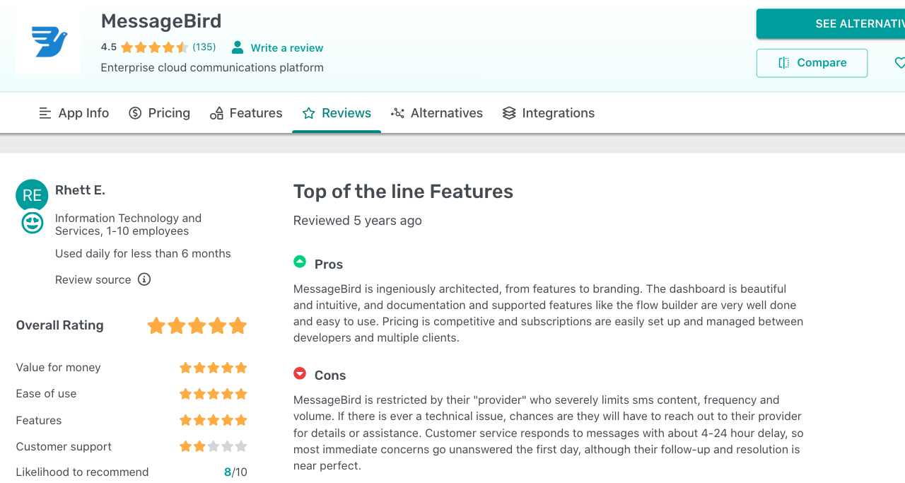 Best SMS API providers| MessageBird customer reviews