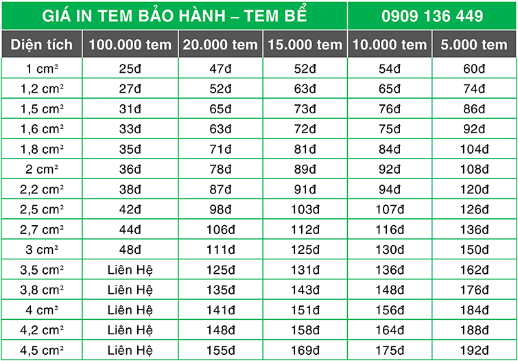 Bảng giá in tem bảo hành rẻ nhất