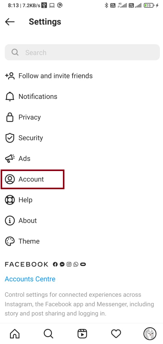Account option on Instagram