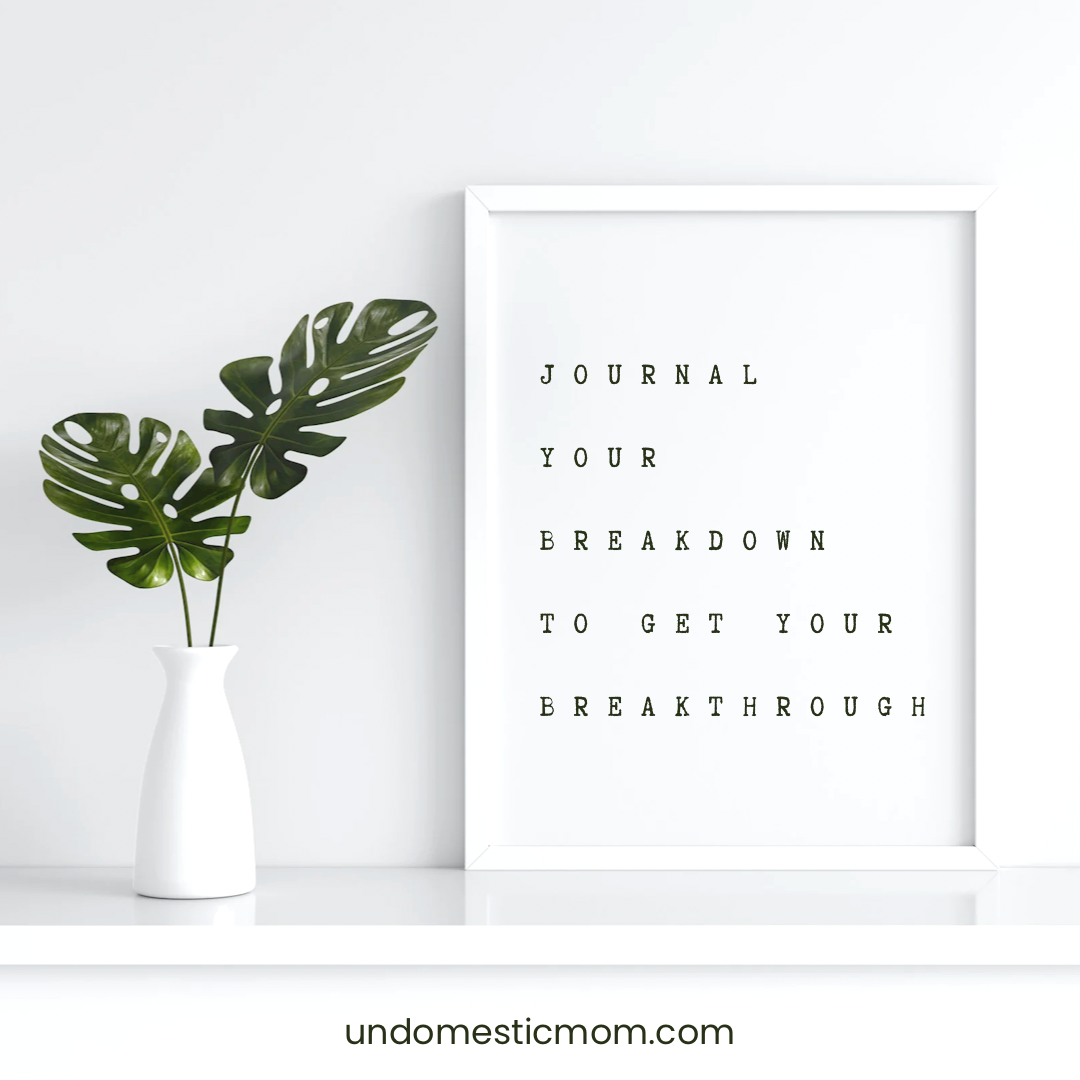 green plant next to a white letter board that says journal your breakdown to get to your breakthrough