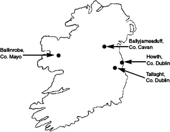 Geographic locations at which putative P. somniferum yielding morphine have been located growing wild in Ireland [18]. 