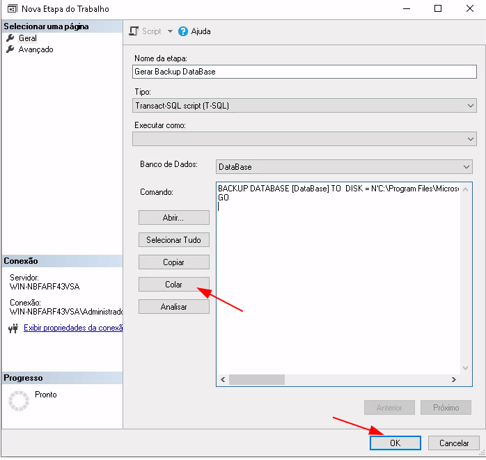 Menu com opções do lado esquerdo com Geral e Avançado, abaixo a descrição de Conexão, contendo o nome do Servidor e o tipo de Conexão e abaixo o Progresso. No centro superior da imagem temos a opção de Script, Ajuda, abaixo temos Nome da Etapa, Tipo, Executar como, Banco de dados, uma área em branco editável mais ao canto direito e no canto esquerdo da área um menu menor com Abrir, Selecionar Tudo, Copiar, Colar e Analisar.