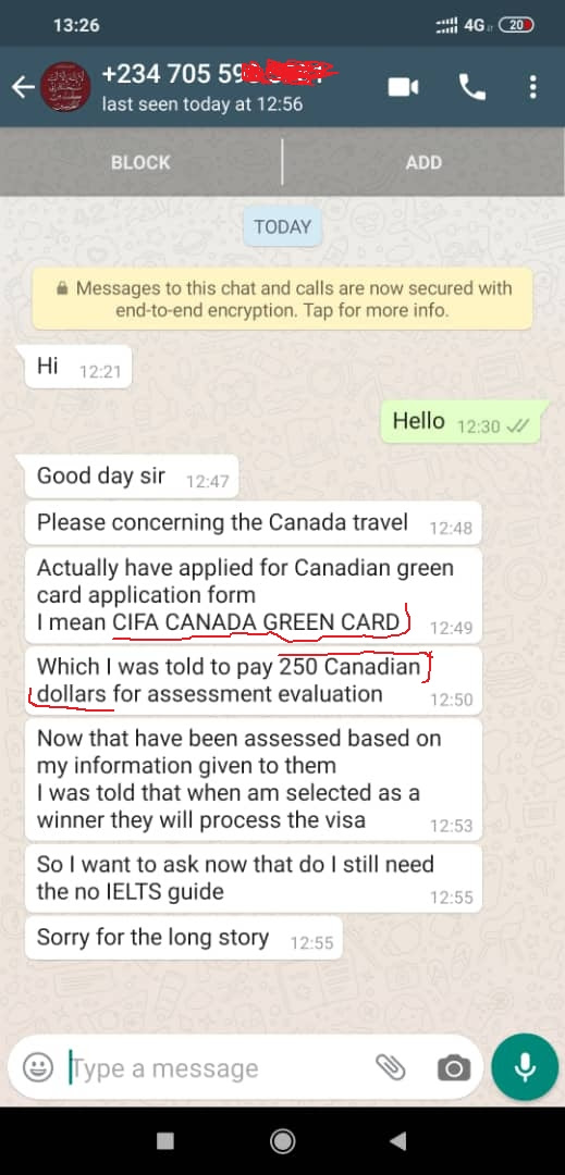 Someone About To Fall For The Canadian Visa Lottery Scam