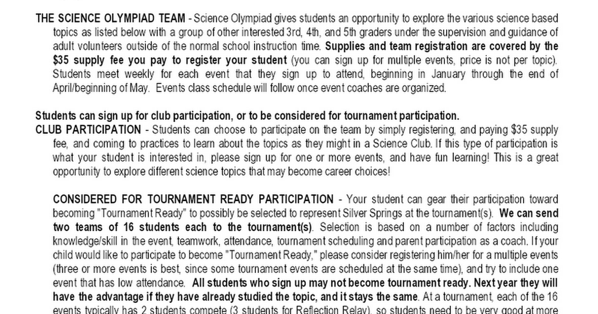 Science Olympiad Parent Information 2019